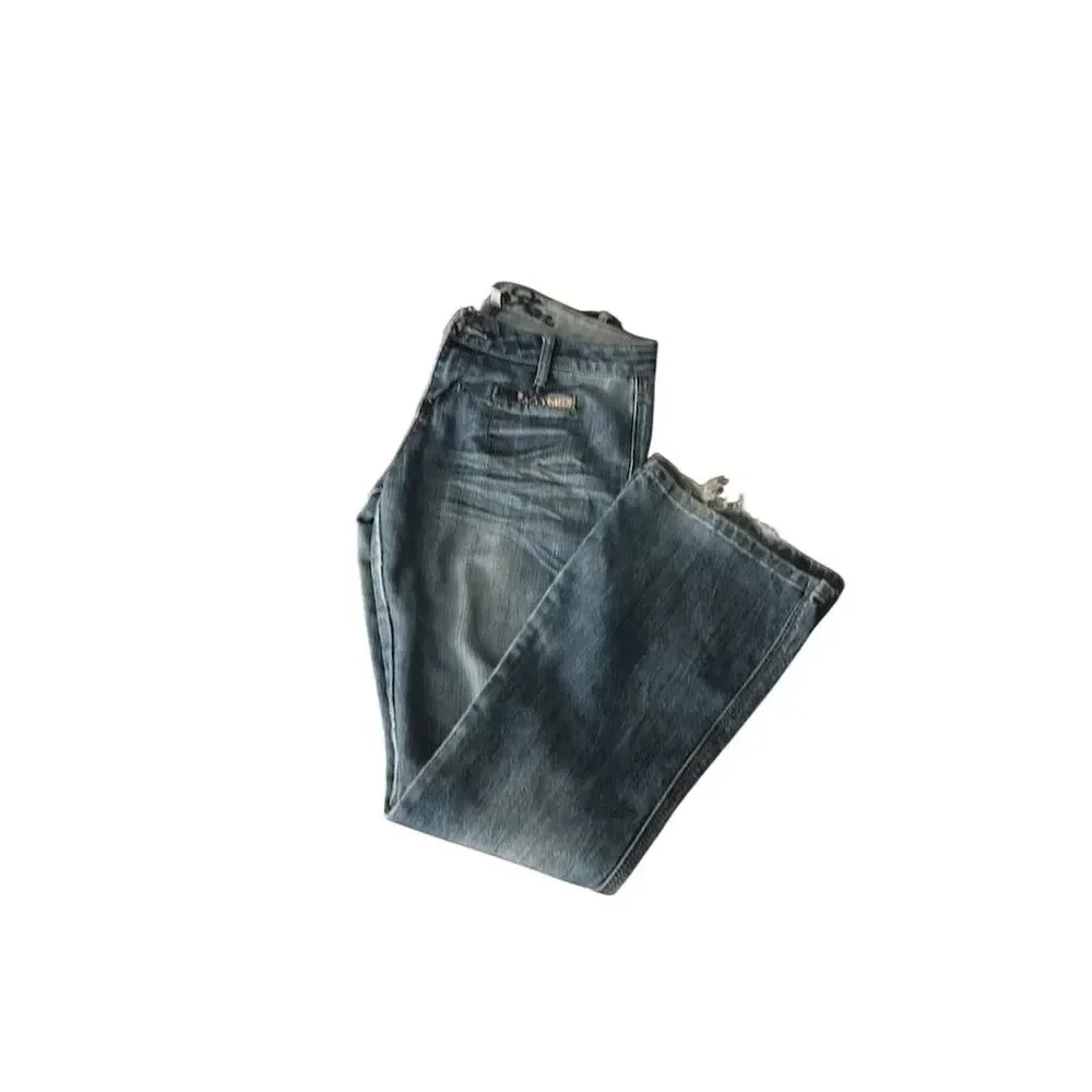 Women's Blue Denim flared Pants Size 11 Casual Whiskered Patchwork #039